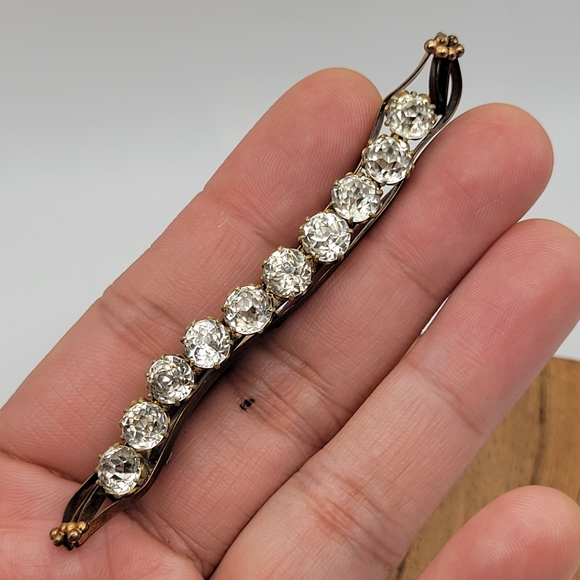 Beautiful Antique Late Edwardian Gold Filled Rhinestone C-Clasp Bar Brooch Pin - Picture 2 of 12